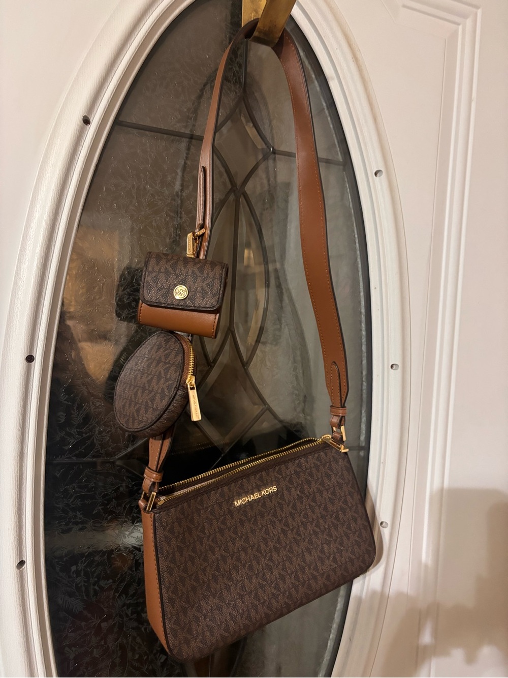 Michael Kors Brown Logo Triple-Pouch Crossbody with Gold Hardware